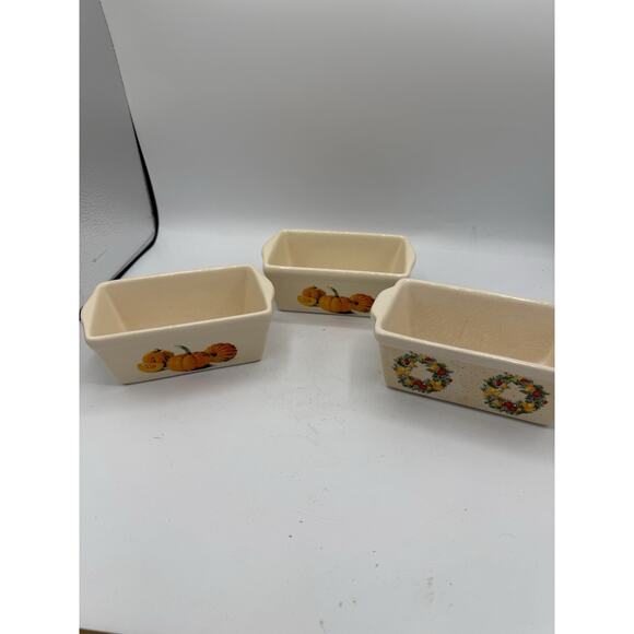 Set of 3 Mini Ceramic Loaf Pans Fall & Holiday Designs Pumpkin Wreath 6.5” - Picture 1 of 9